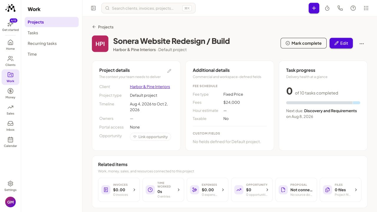 Moxie project and client workspace for freelancers