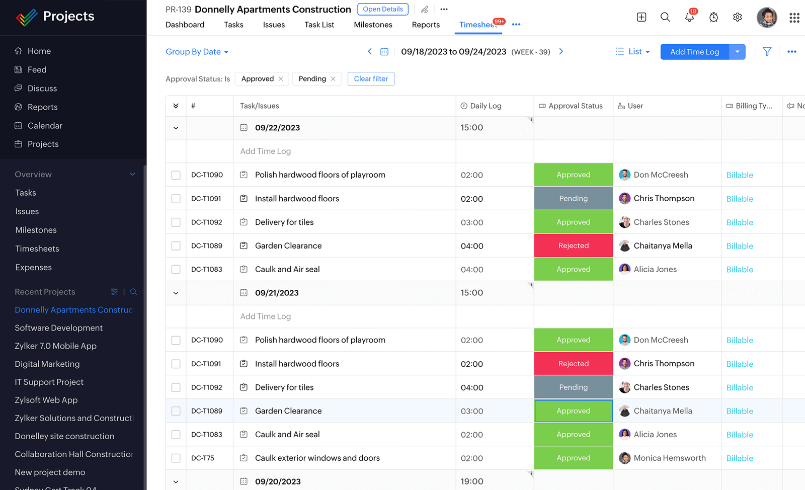 Zoho Projects task and timesheet interface