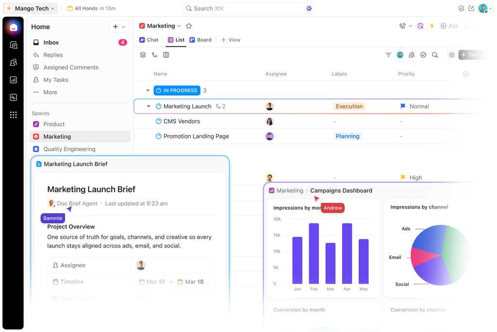 ClickUp marketing workspace showing campaign tasks, launch brief, and campaign dashboard