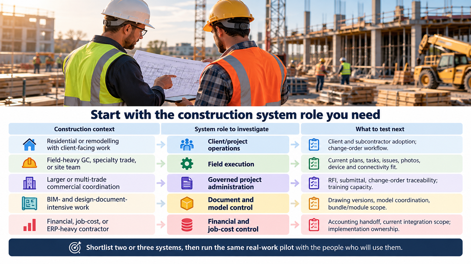 Decision matrix matching construction project contexts to system roles and workflow checks