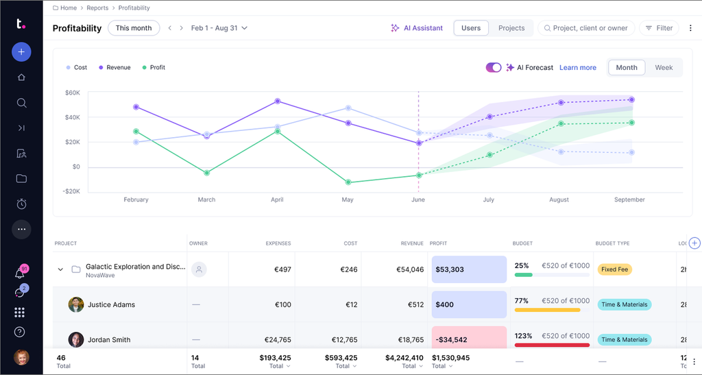 Teamwork profitability dashboard for agency project and client financial tracking