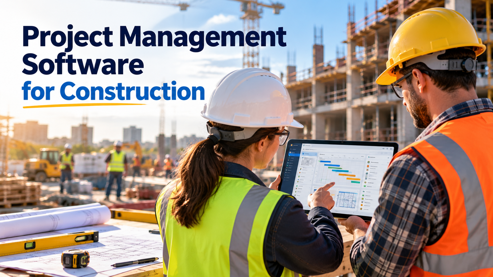 Construction team using project management software at an active jobsite