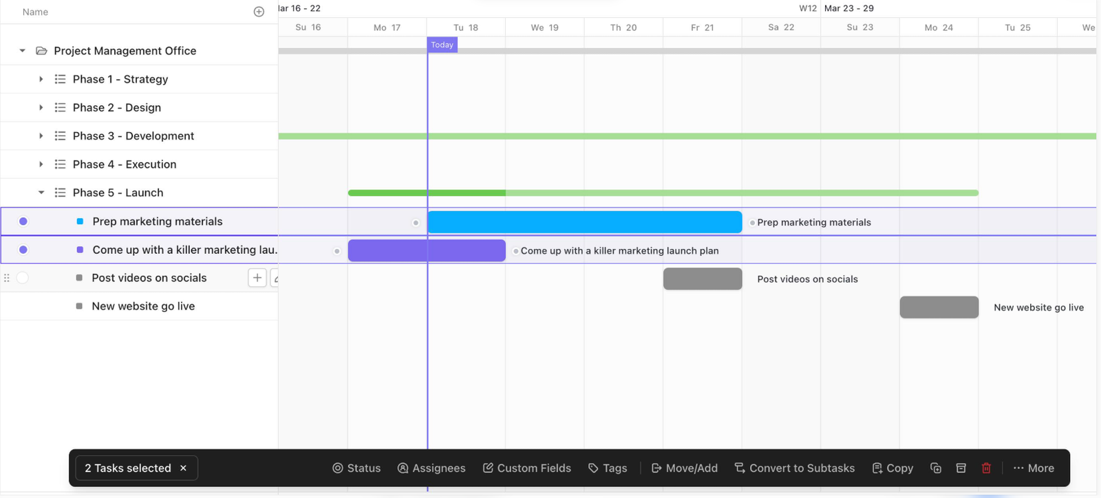 ClickUp Gantt view showing project phases, scheduled tasks, and milestones