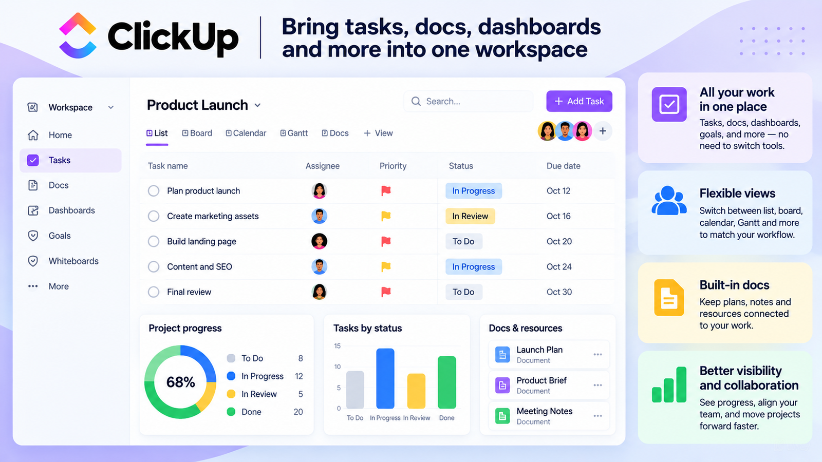 ClickUp Workspace Consolidation Explainer Editorial illustration of ClickUp-style tasks docs and dashboards in one workspace
