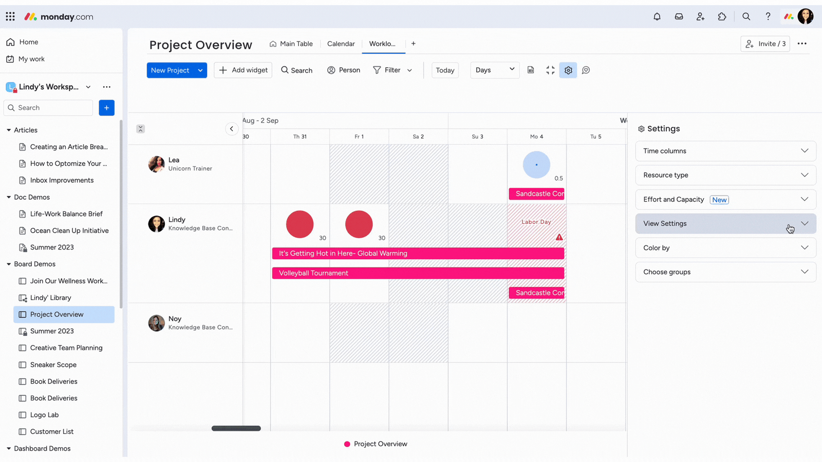 monday.com Workload widget showing team effort and capacity